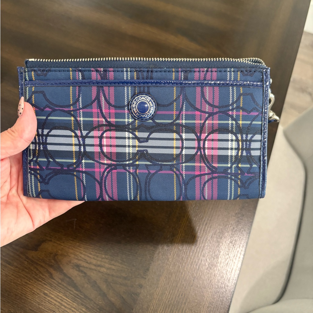 Coach Navy And Magenta Plaid Wallet